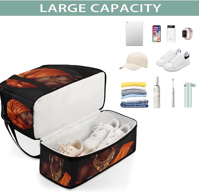 Foldable Travel Duffel Bag for Women - Carry on Personal Item Bag with Shoes Compartment, Weekender Overnight Duffle Bags Sport Tote Gym Luggage for Airplanes Traveling(African Ethnic Woman)