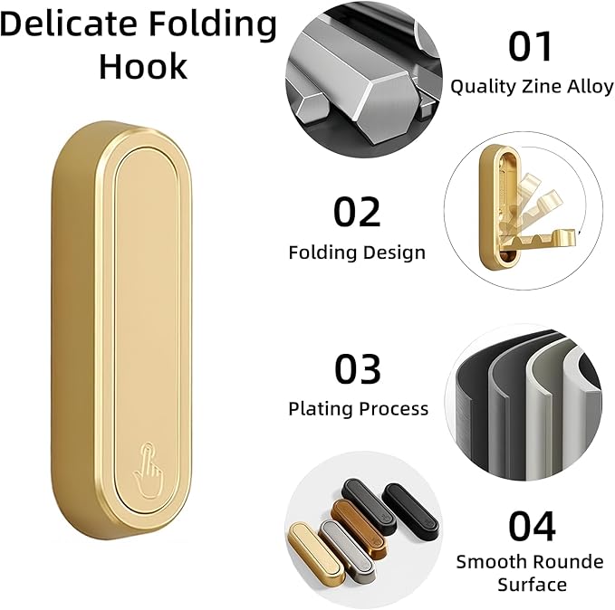 4PCS Folding Coat Hook, Foldable Gold Wall Hooks, Gold Foldable Wall Hooks, Flip Down Hook Made of Zinc Alloy for Bathroom, Kitchen, Bedroom, Wall Mount for Hanging Coats, Towels, Hats, Bags