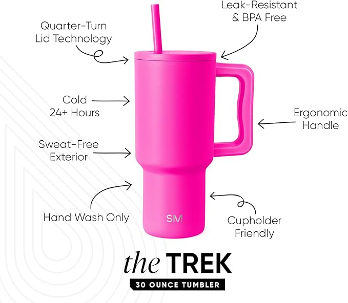 Simple Modern 30 oz Trek Tumbler with Handle and Straw Lid | Cup Holder Friendly Insulated Stainless Steel Travel Mug | Raspberry Vibes (Pack of 12)