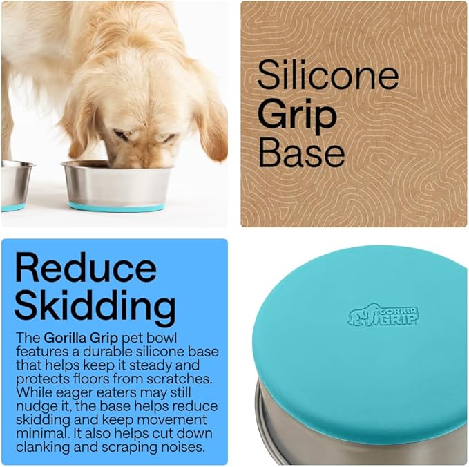 GORILLA GRIP Dog Bowls, Heavy Duty 304 Stainless Steel Holds 4 Cups Each (32 fl oz) Food and Water Bowl for Feeding Dogs and Cats Dishwasher Safe Rust Resistant BPA Free Rubber Base Set of 2 Turquoise