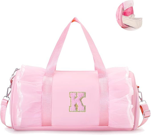 Personalized Dance Bag for Girl | Small Initial Gym Sport Yoga Cheer Duffle Bags Gift for Teen Girls | Chenille Letter Kids Ballet Bag Preppy Stuff Toddler Girl Birthday Gift (Pink K, SMALL)