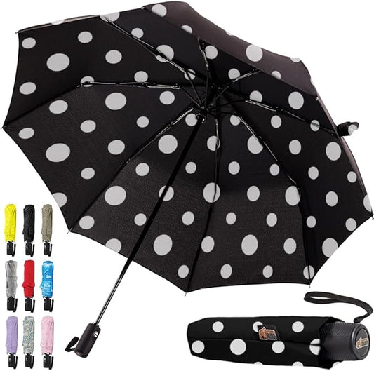 GORILLA GRIP Strong Windproof Stick Compact Umbrella for Rain, One-Click Automatic Open and Close, Durable Quick Dry Waterproof Material, Lightweight and Portable, Travel Size Fits Backpack Polka Dots