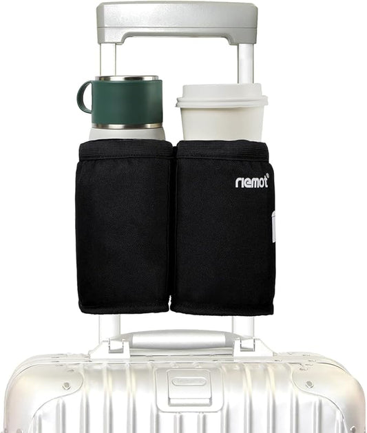 riemot Luggage Travel Cup Holder Free Hand Drink Carrier - Hold Two Coffee Mugs - Fits Roll on Suitcase Handles - Gifts for Flight Attendants Travelers Accessories Black 2