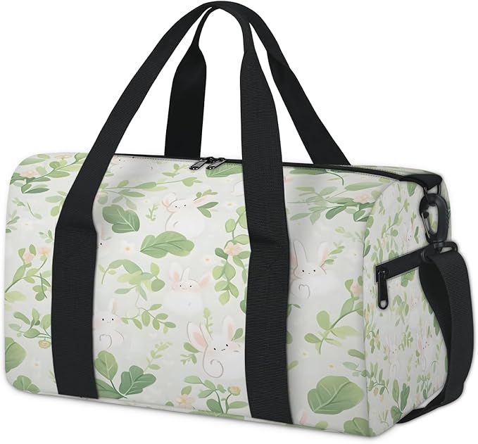 Rabbit Floral Gym Bag for Women 17 inch Waterproof Carry On Overnight Weekender Bag Sports Duffel Tote Bags for Travel Workout