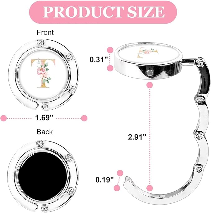 XSUIOY 3Pcs Personalized Initial Foldable Purse Hook for Table,Crushed Flower Letters Folding Purse Hanger,Purse Holder Handbag Hanger Collection Desk Table Bag Hooks Gifts for Women Bag(Pink-T)