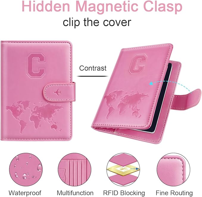 Passport Holder Cover Initail Letter A-Z Travel Wallet Embossed Design RFID Blocking Card Holder Personalized Gift Passport Cover Wallet, Passport Book Holders for Women and Girls, Pink-C