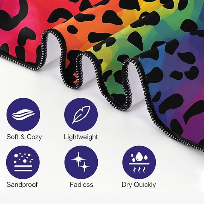 Rainbow Leopard Print Beach Towel, 36"x72" Sand Free Quick Dry Thin Lightweight Microfiber Towel Gifts for Travel