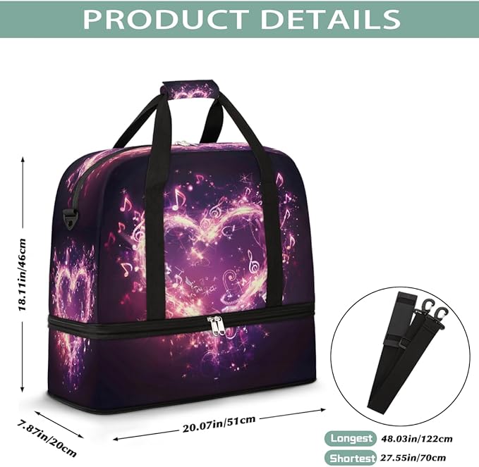 Pink Musical Note Heart Large Weekender Bag with Shoe Compartment Travel Duffel Bags for Women Carry On Hospital Overnight Bag Foldable Personal Item Travel Bags Tote Gym Sports Airplanes
