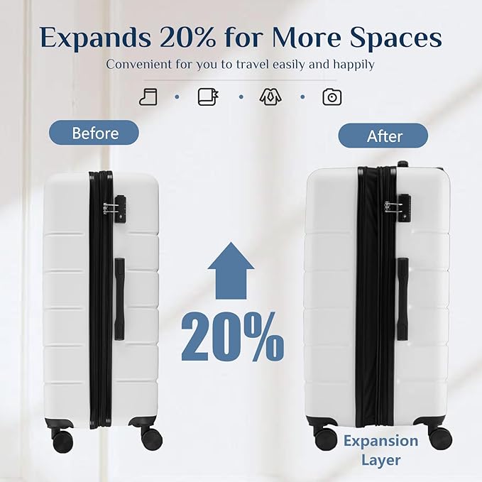 NEWBULIG 3-PCS Set Suitcases Spinner Wheels Lightweight Expandable Travel Hard Shell Luggage with TSA Lock, White
