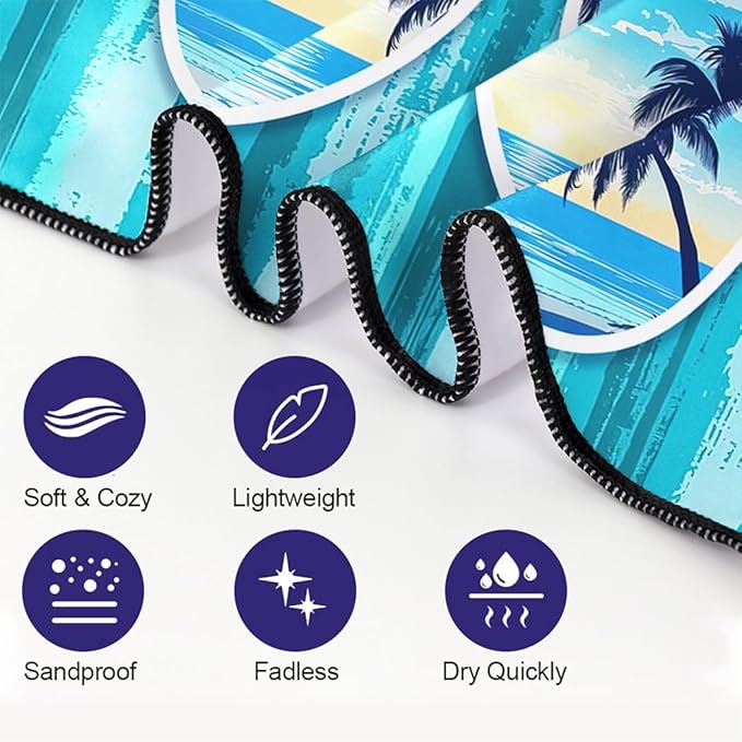 Tropical Blue Green Beach Towel 36"x72" Quick-Dry Sand-Free Palm Tree Pattern for Pool Camping