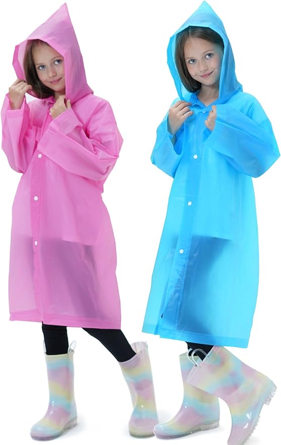 2 Pack Raincoats for Kids, Reusable Rain Ponchos with Hood and Sleeves Rain Coats for Boys and Girls
