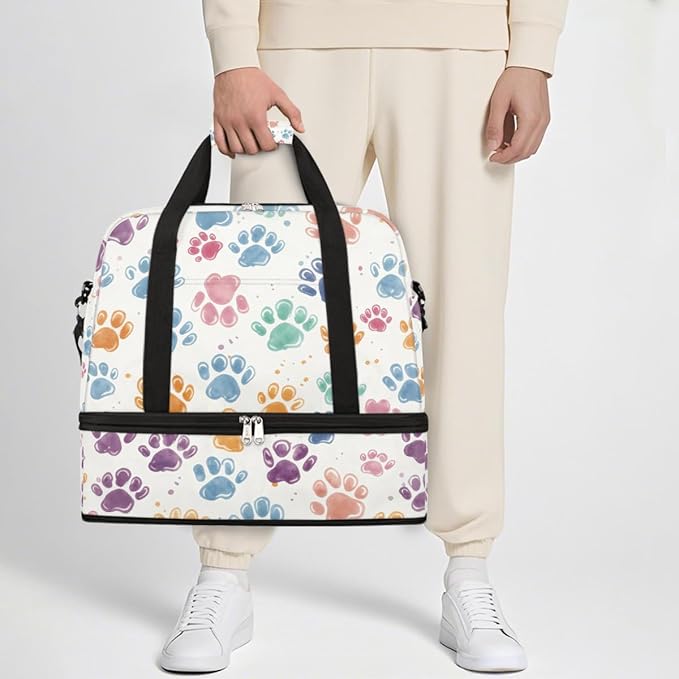 Foldable Travel Duffel Bag for Women - Carry on Personal Item Bag with Shoes Compartment, Weekender Overnight Duffle Bags Sport Tote Gym Luggage for Airplanes Traveling(Dog Paws)