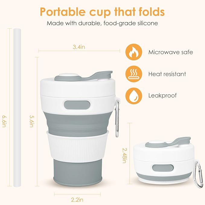 Collapsible Travel Cup - Cashmere Gray,16oz/450ml，Leak-Proof Reusable To-Go Pocket Size Silicone Bottle for Hot & Cold Drinks - Camping & Hiking - Dishwasher Safe- Straw included