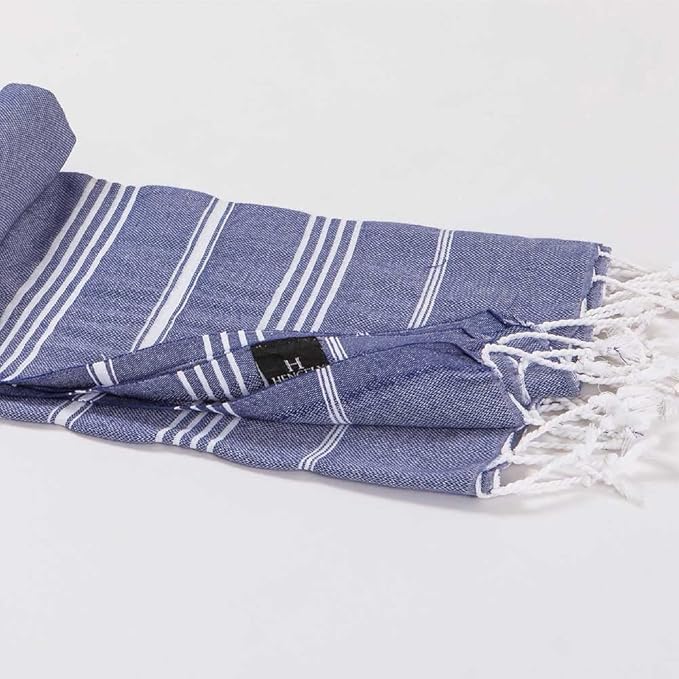 Hencely Turkish Beach Towel 37x68 Oversized, Sand-Free, Quick-Dry, Lightweight - Travel Essential for Pool & Bath - Striped 100% Cotton Bathroom Towels Accessories Gift (Navy Blue)