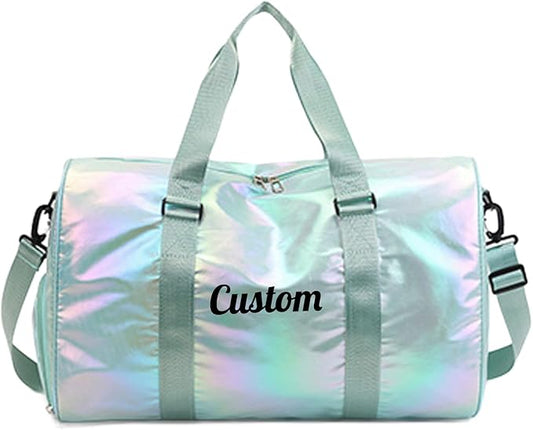 Personalized Holographic Gym Bag for Girls & Women, Custom Name Duffle Bag with Shoe Compartment & Wet Pocket, Weekender for Dance Cheer Travel (Green)