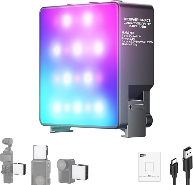 NEEWER Basics Magnetic RGB Action Camera Light Compatible with DJI OSMO Nano Action 3 4 5 Pro Cage NEEWER AC009 PRO Pocket 3 Accessories Adapter, 1.5W Fill Light Attachment for Video Recording, M26