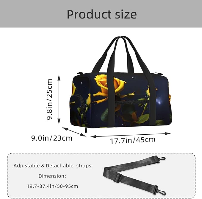 Yellow Roses Starry Night Print Gym Bag with Shoe Compartment for Women Men, 17.7in Sports Duffle Weekender Tote, Overnight Travel Duffel Bag Carry On
