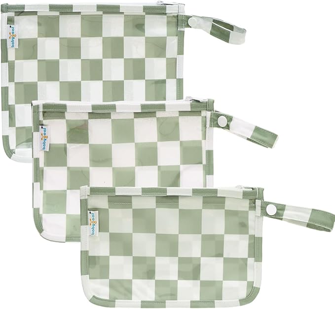 babygoal Clear Travel Organizer Bags 3 Pack, TSA Approved Mess-Proof Pouches with Snap Handle, Water-Resistant Toiletry Essentials for Baby & Mom (Green Plaid)