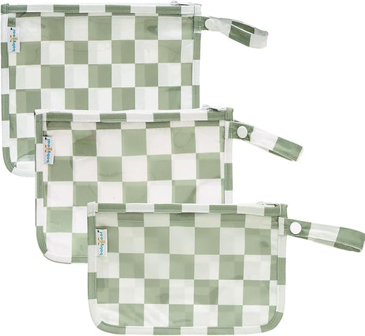 babygoal Clear Travel Organizer Bags 3 Pack, TSA Approved Mess-Proof Pouches with Snap Handle, Water-Resistant Toiletry Essentials for Baby & Mom (Green Plaid)