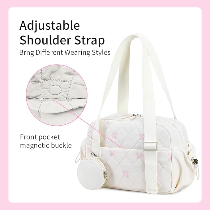 CAMTOP Mini Gym Bag for Women, Small Gym Tote Bag Puffy Quilted Sports Duffel Bag with Wet Compartment and Coin Purse Duffel Bags Dance Yoga Workout Bag for Gifts (White Pink Bow, Mini-12.6")