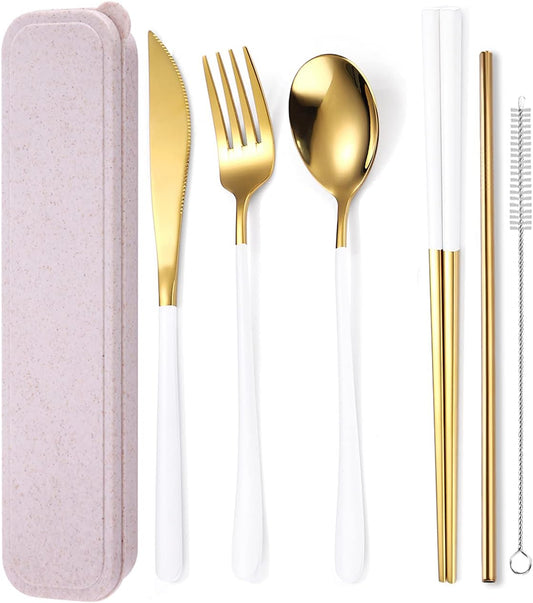 AARAINBOW 6 Pieces 18/8 Stainless Steel Flatware Set Portable Reusable Cutlery Set Travel Utensils Set Including Chopsticks Knife Fork Spoon Straws Cleaning Brush Dishwasher Safe (White golden)