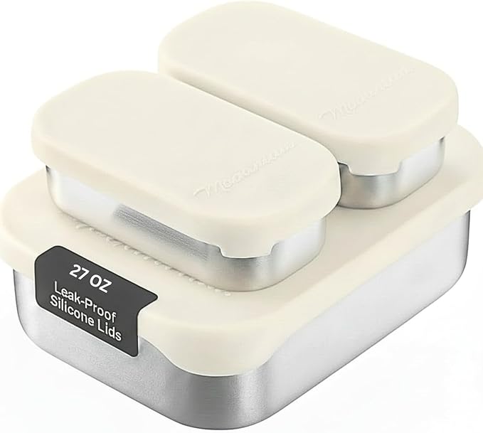 Leak Proof Stainless Steel Lunch Box Containers, Stainless Steel Bento Box, Metal Lunch Box, Sandwich and Snack Containers, SIlicone Lids, Korean Style,Small Vanilla (1 x 27oz + 2 x 6.5 OZ)