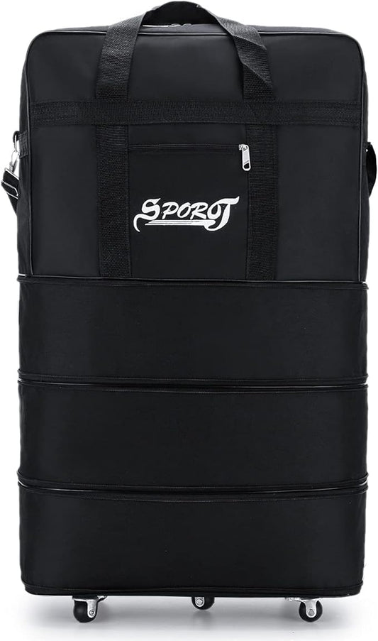 Expandable Extra Large Travel Oxford Duffel Bag with Wheels Waterproof Lightweight Traveling Foldable Suitcase (Black, L)