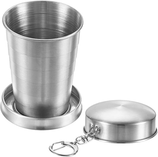 Stainless Steel Collapsible Travel Cup, 2.4oz(70ml) Reusable Collapsible Metal Cup Portable Foldable Water Bottle with Lid and Keychain for Travel/Camping/Hiking