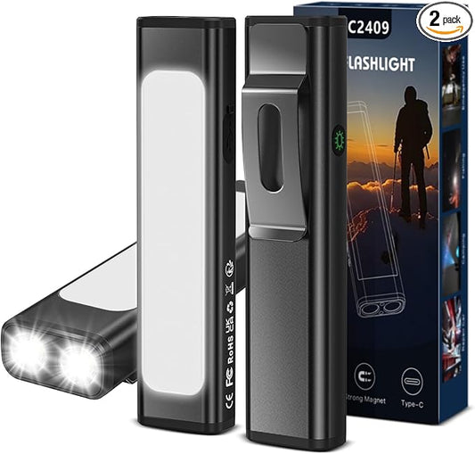 EDC Flat Flashlight Rechargeable, 1200 Lumens USB-C Pocket Flashlight with Clip, 9 Modes Magnetic Waterproof Small Flash Light for Camping, Work, Repair & Emergencies (Black, 2PCS)