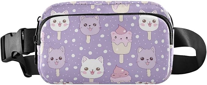 Kawaii Cat Ice Cream Polka Dots Fanny Pack for Women Men Water Resistant Fashion Waist Packs with Adjustable Strap Belt Bag for Travel Workout Jogging Hiking 21219101