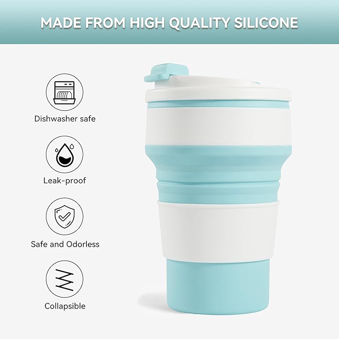 12oz Collapsible Cup for Traveling, Collapsible Silicone Travel Cup for Hot and Cold Drinks, Leak Proof Silicone Folding Travel Coffee Mug for Camping & Hiking, BPA Free Blue