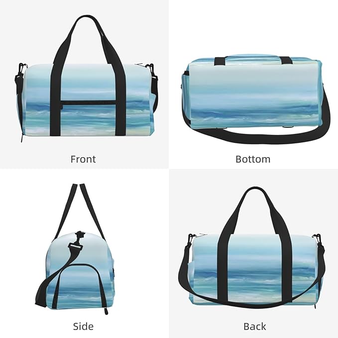Sea Blue Watercolor Ocean Waves Coastal Beach Women'S Gym Duffle Bag With Shoes Compartment, Ideal For Travel, Gym, Sports, Duffel, Weekender