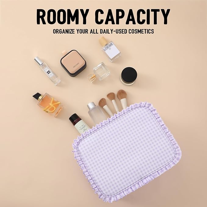 Gingham Ruffle Makeup Bag,Large Travel Cute Cosmetic Bag for Women Girls,Toiletry Bag Make up Organizer 10.8 x 4.5 x 8 inch (Purple Gingham)