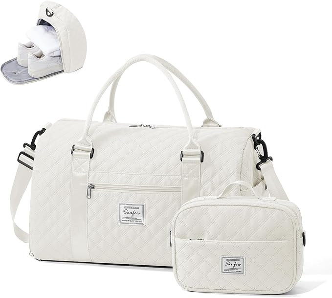 Gym Duffle Bag for Women with Shoe Compartment Waterproof Travel Tote Bags Personal Item Carry On Weekender Overnight Bags with Toiletry Bag Swimming Yoga Bags Hospital Holdalls Beige