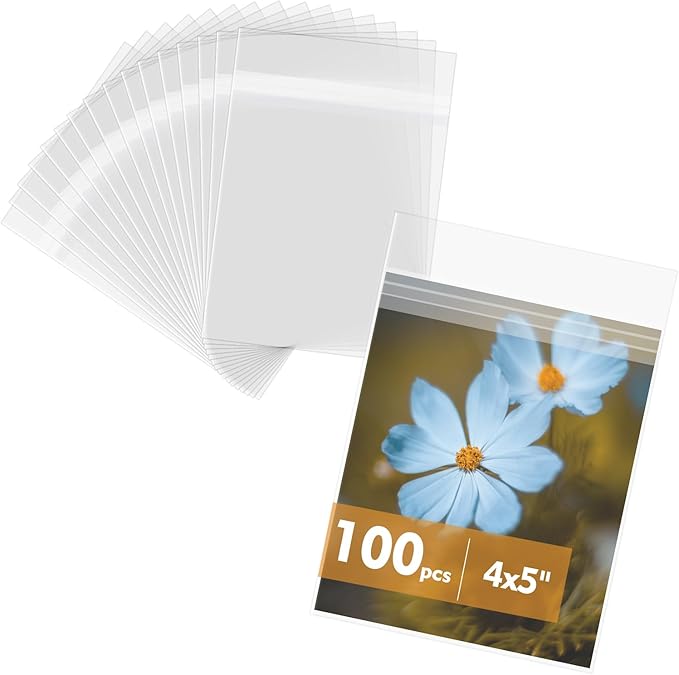 Mat Board Center 4x5 Inches Crystal Clear Sleeves Storage Bags, 100 Pack Self Sealing Cellophane Bags for A2 Card w/Envelope Photos Jewelry
