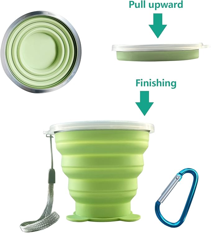 Collapsible Cup-Silicone Foldable Cups Expandable Folding Drinking Cup -Reusable Portable Mugs-Cup For Travel, Camping, Hiking, Survival, Car, Picnic, Beach, Outdoor Sports Light Green