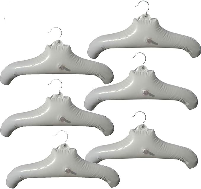 NewFerU Inflatable Hangers for Travel X 6 in White Round Shoulder for Hand Wash Laundry, Air Blow up Clothes Drying Hangars with Metal Hook, Compact, Space Saving, Foldable, Portable, Non Slip