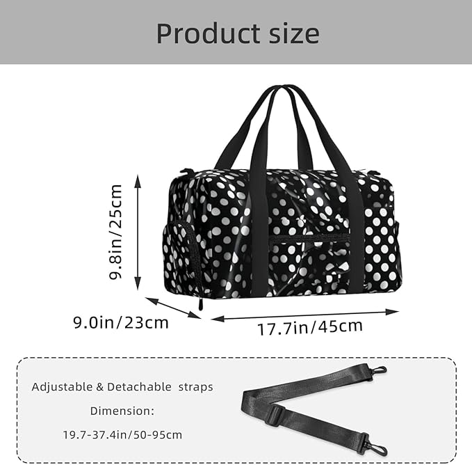 Black white corrugated dots Print Gym Bag with Shoe Compartment for Women Men, 17.7in Sports Duffle Weekender Tote, Overnight Travel Duffel Bag Carry On