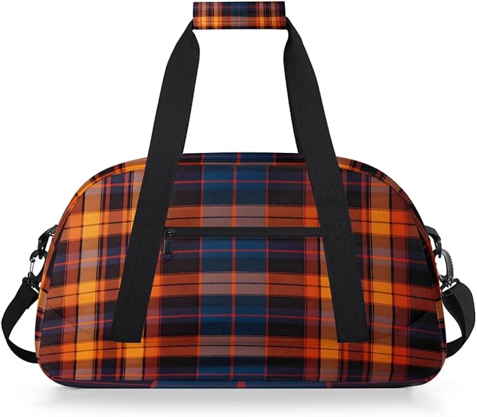 Sports Duffel Bags, Orange Plaid Water-Resistant Gym Duffle Bag for Men Women, Lightweight Weekender Overnight Bag for Fitness, Workout, Travel