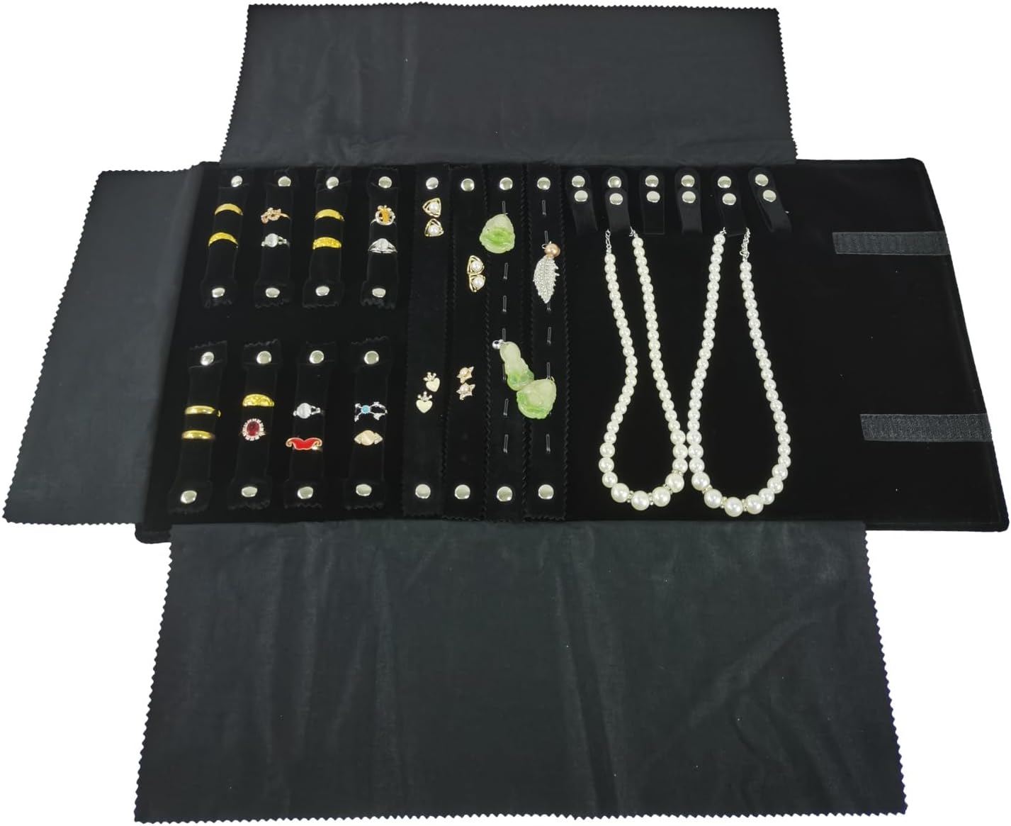 Velvet Travel Jewelry Case Roll Bag Organizer for Necklace Bracelet Earrings Ring (Black) (Black(4+2+2+6))