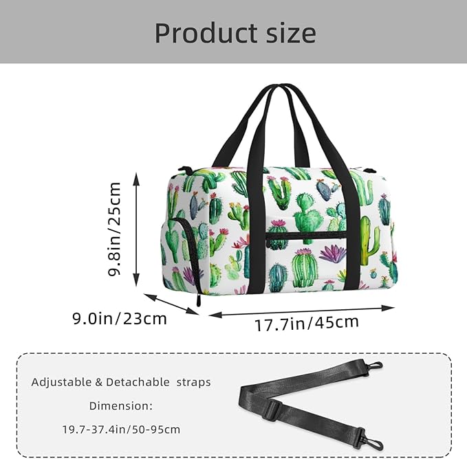 Sports Gym Bag Tropical Plant Cactus Pattern Travel Duffel Bag With Shoe Compartment Shoulder Strap, Lightweight Water-Resistant Weekend Overnight Totes For Women Men