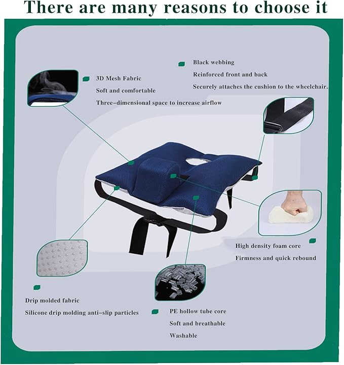 Wheelchair Wedge Cushion with Seat Belt, Non-Slip Wheelchair Cushion for Seniors, Suitable for Seniors - Prevents Forward Sliding, Positioning, Transferring and Relieving Pressure (Blue)