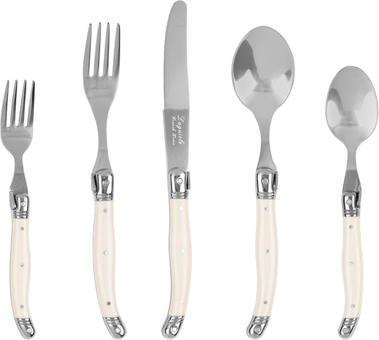French Home Laguiole 20 Piece Flatware Set – 18/10 Stainless Steel Flatware Set for 4 – Luxurious Ivory-Colored Utensil Set w/Knives, Spoons and Forks