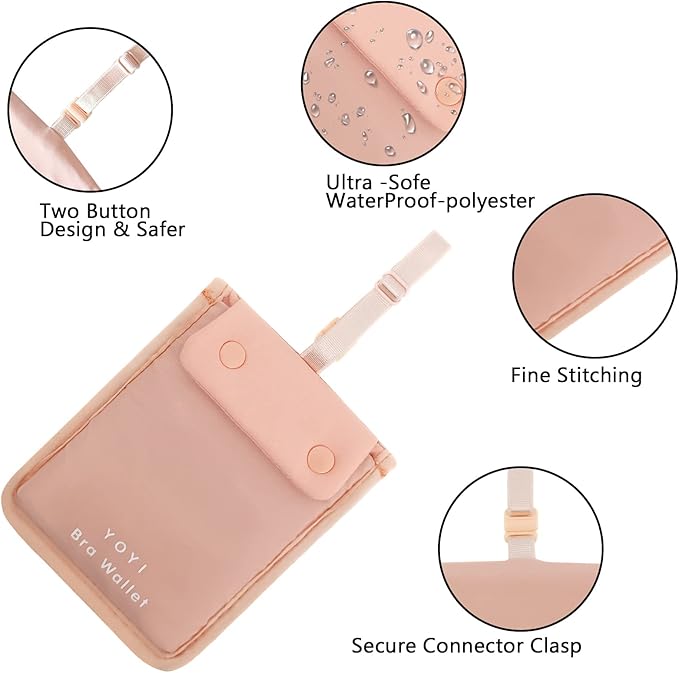 YOYI YOYI RFID Undercover Bra Wallet,Travel Pouch,Secret Pocket - Credit Cards & Money & Valuables with Adjustable,Elastic Strap Suitable for All Bra Sizes Pink -Large