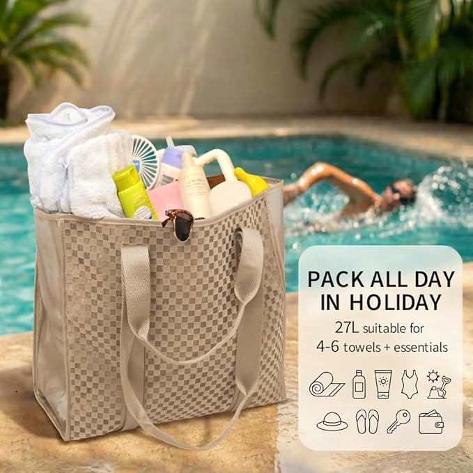 MOMINSIDE Beach Bags for Women Mesh Beach Bag - Large Beach Tote Bag with Zipper, 2 Insulated Pocket, Hat & Towel Clips, Foldable Swim Bag Pool bag for Toys, Towels & Vacation Essentials