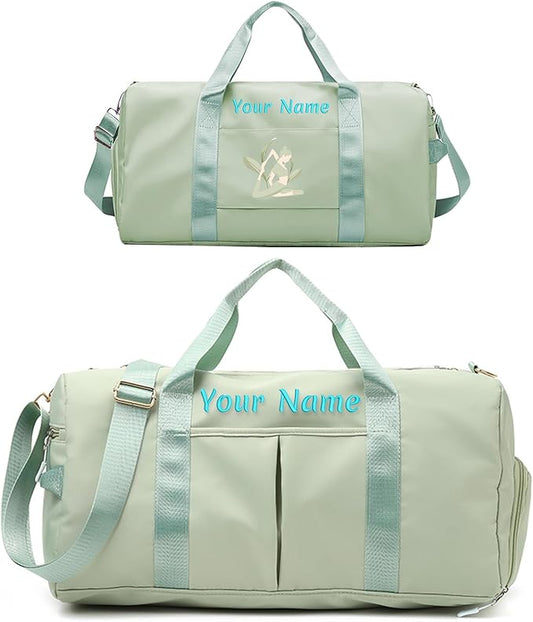 Custom Duffle Bag, Personalized Embroidered Sports Gym Bag for Women/Men, Travel Bag with Double-Sided Customization and Separate Wet and Dry Pockets and Shoe Bags-Cyan