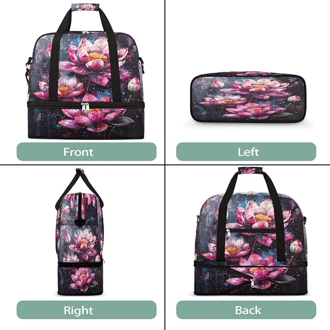 Pink Oil Painting Lotus Large Weekender Bag with Shoe Compartment Travel Duffel Bags for Women Carry On Hospital Overnight Bag Foldable Personal Item Travel Bags Tote Gym Sports Airplanes