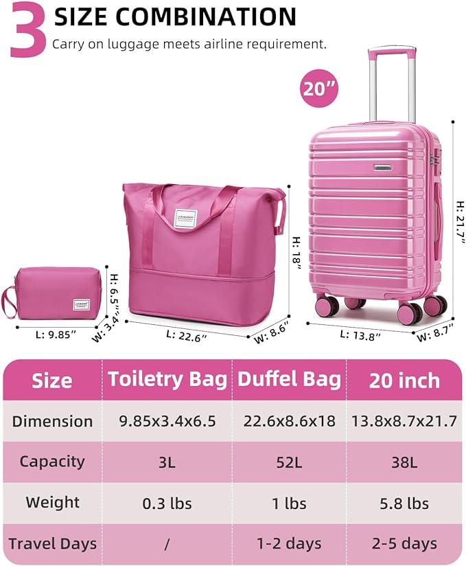 LARVENDER Carry on Luggage 22x14x9 Airline Approved, 20 Inch Hardside Suitcase with Wheels TSA Lock, PC+ABS Lightweight Travel Luggage Sets for Women, Glossy Berry, 3 Piece Set