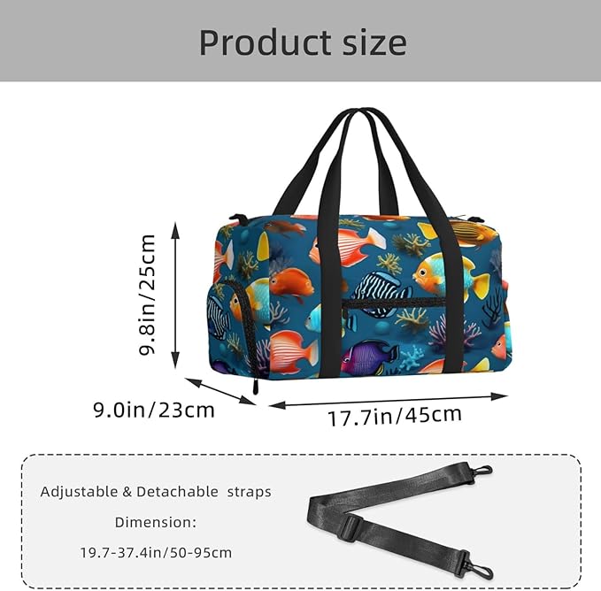 Submarine reef fish Print Gym Bag with Shoe Compartment for Women Men, 17.7in Sports Duffle Weekender Tote, Overnight Travel Duffel Bag Carry On