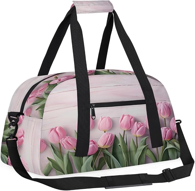 Pink Tulip Wooden Sports Duffel Bags, Water-Resistant Gym Duffle Bag for Men Women, Lightweight Weekender Overnight Bag for Fitness, Workout, Travel